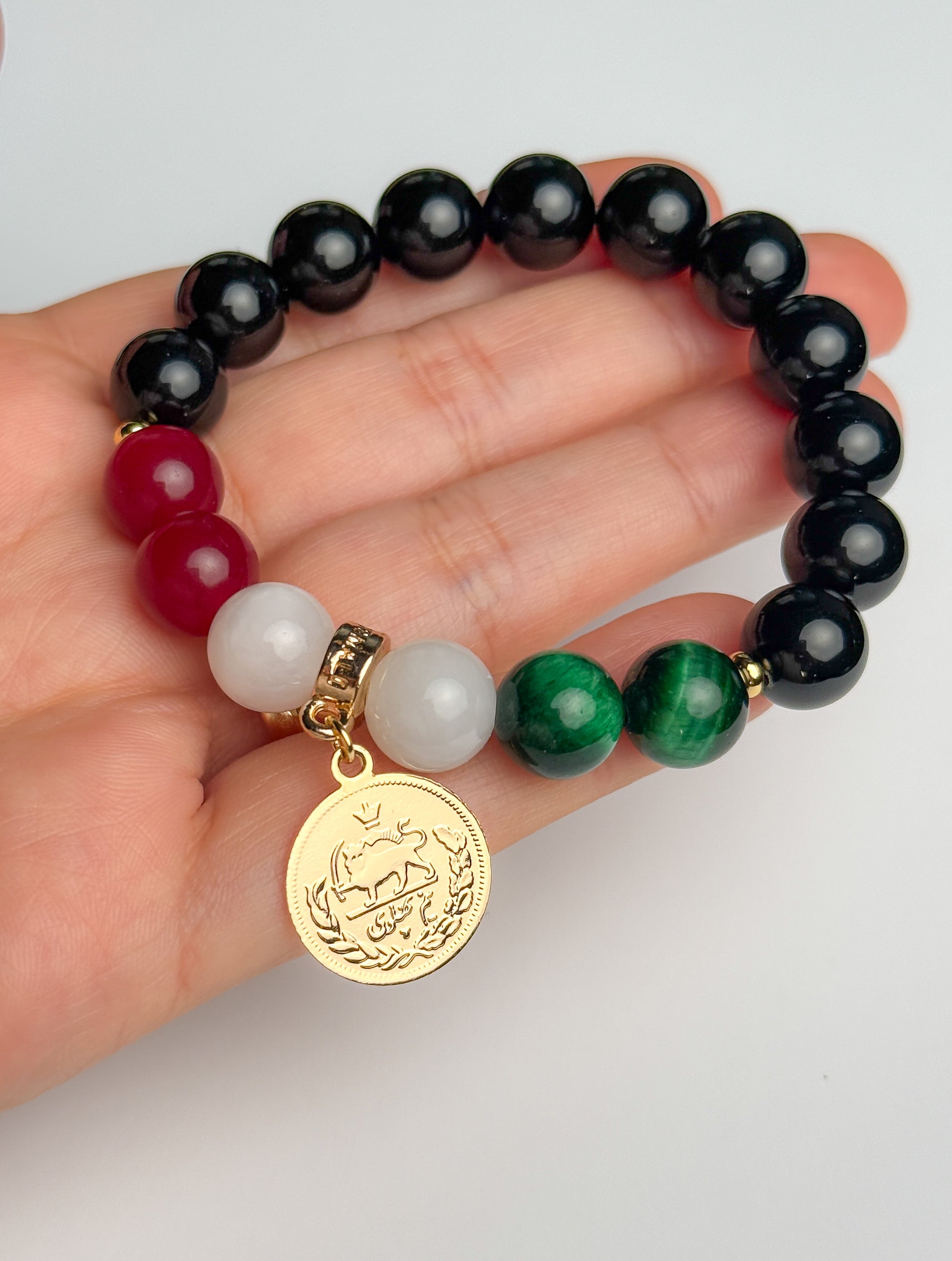 ROMALI Iran Beaded Bracelet | Green Tiger's Eye White Jade Cherry Jade | Unisex