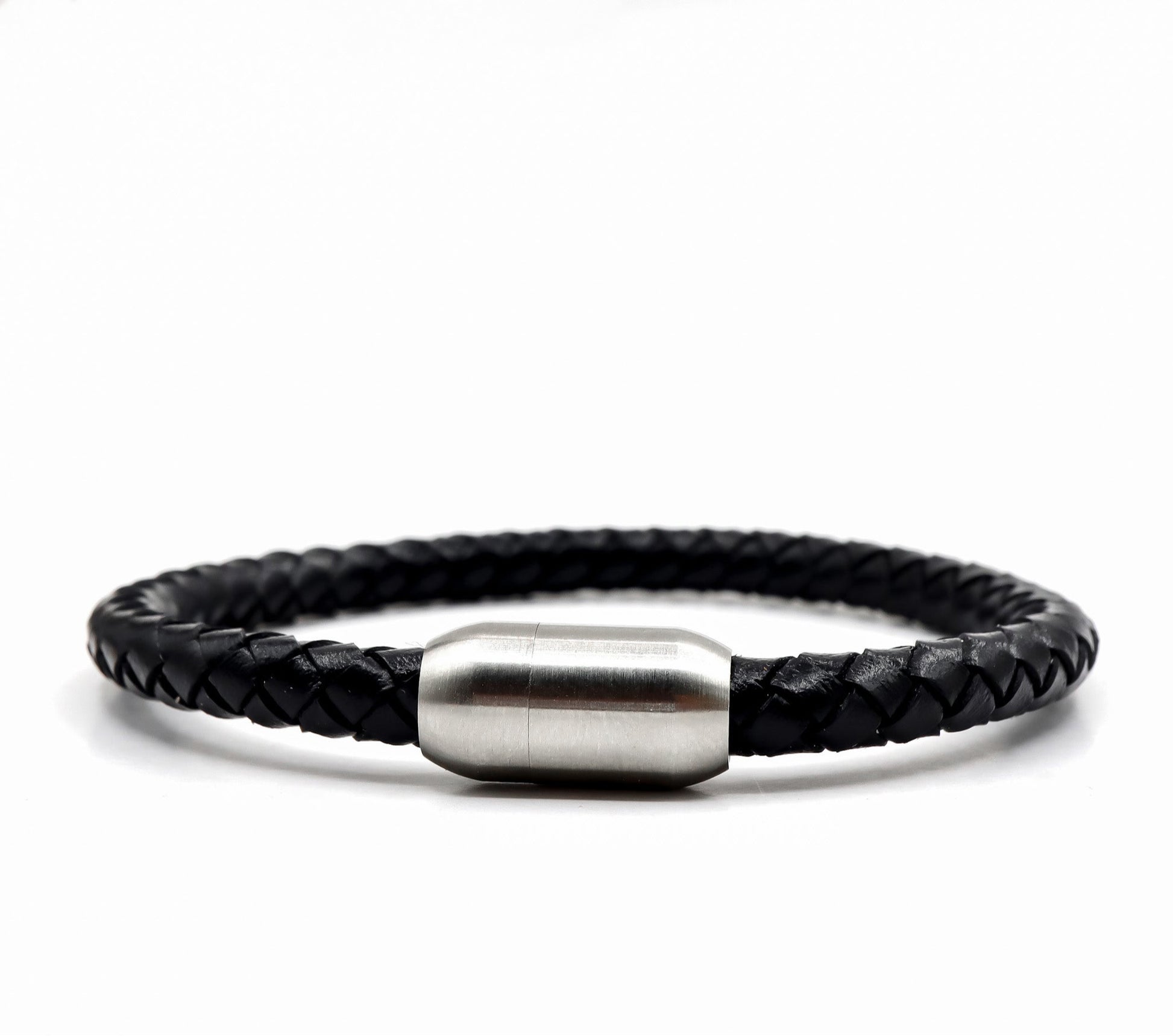 ROMALI Black Leather Matte Silver Magnetic Bracelet - ROMALI