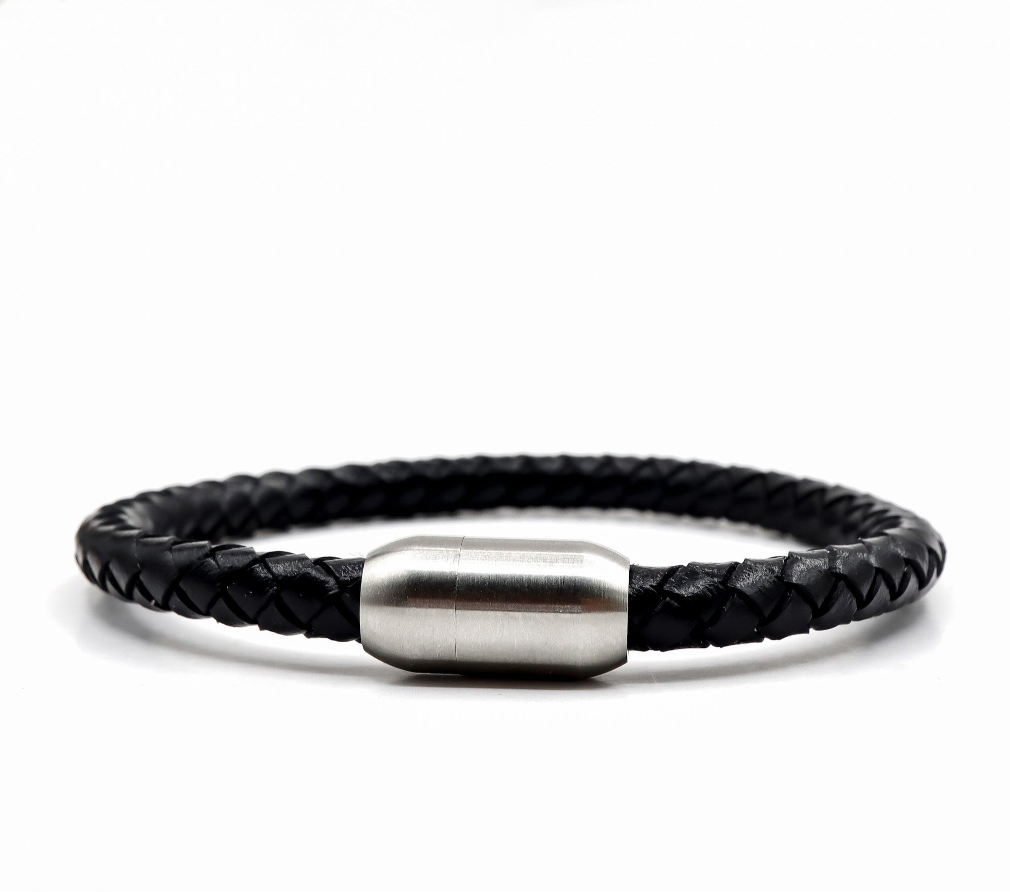 ROMALI Black Leather Matte Silver Magnetic Bracelet - ROMALI