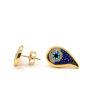 ROMALI 18k Gold-Plated Teardrop Evil Eye Stud Earrings with Blue Crystals - ROMALI