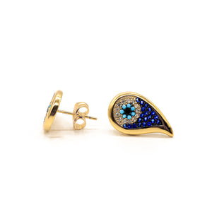 ROMALI 18k Gold-Plated Teardrop Evil Eye Stud Earrings with Blue Crystals