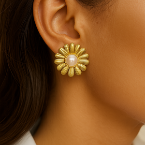 ROMALI 18K Gold-Plated Daisy Statement Stud Earrings with Pearl Center - ROMALI
