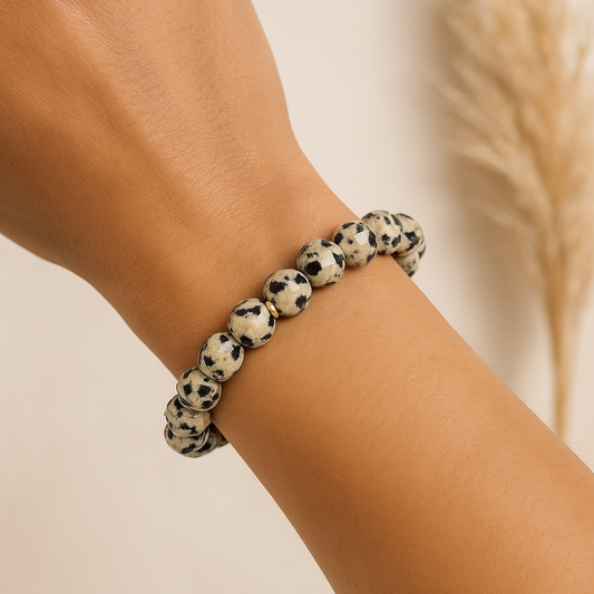 ROMALI Natural Faceted Dalmatian Jasper Beaded Bracelet - Stone of Joy 8mm - ROMALI