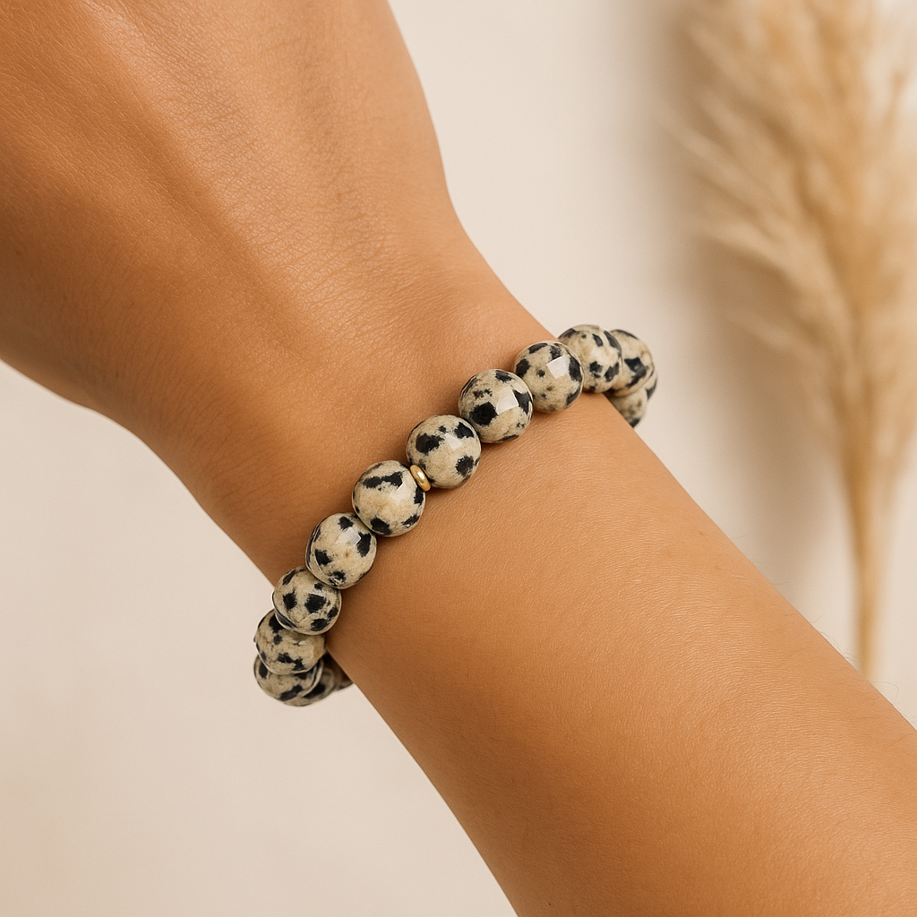 ROMALI Natural Faceted Dalmatian Jasper Beaded Bracelet - Stone of Joy 8mm - ROMALI