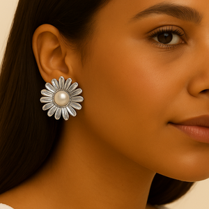 ROMALI Silver Daisy Bloom Stud Drop Earrings – Shell Pearl Center - ROMALI
