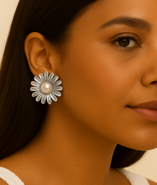 ROMALI Silver Daisy Bloom Stud Drop Earrings – Shell Pearl Center - ROMALI