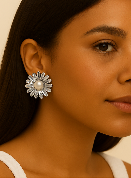 ROMALI Silver Daisy Bloom Stud Drop Earrings – Shell Pearl Center - ROMALI