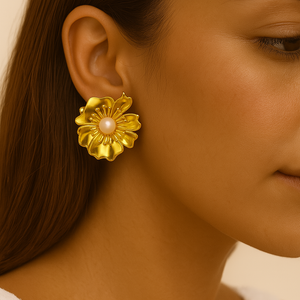 ROMALI 18K Gold-Plated Floral Statement Earrings with Pearl Center - ROMALI