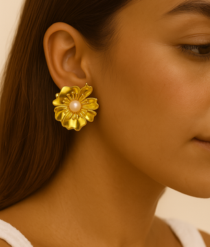 ROMALI 18K Gold-Plated Floral Statement Earrings with Pearl Center - ROMALI