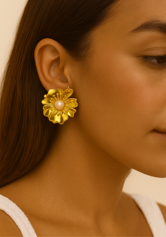 ROMALI 18K Gold-Plated Floral Statement Earrings with Pearl Center - ROMALI