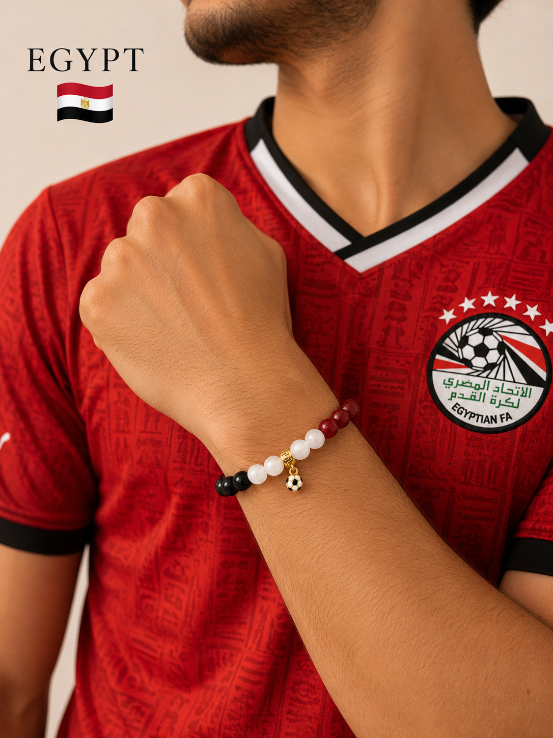 ROMALI Egypt Soccer Beaded Bracelet | Black Onyx, White Jade & Cherry Jade Unisex
