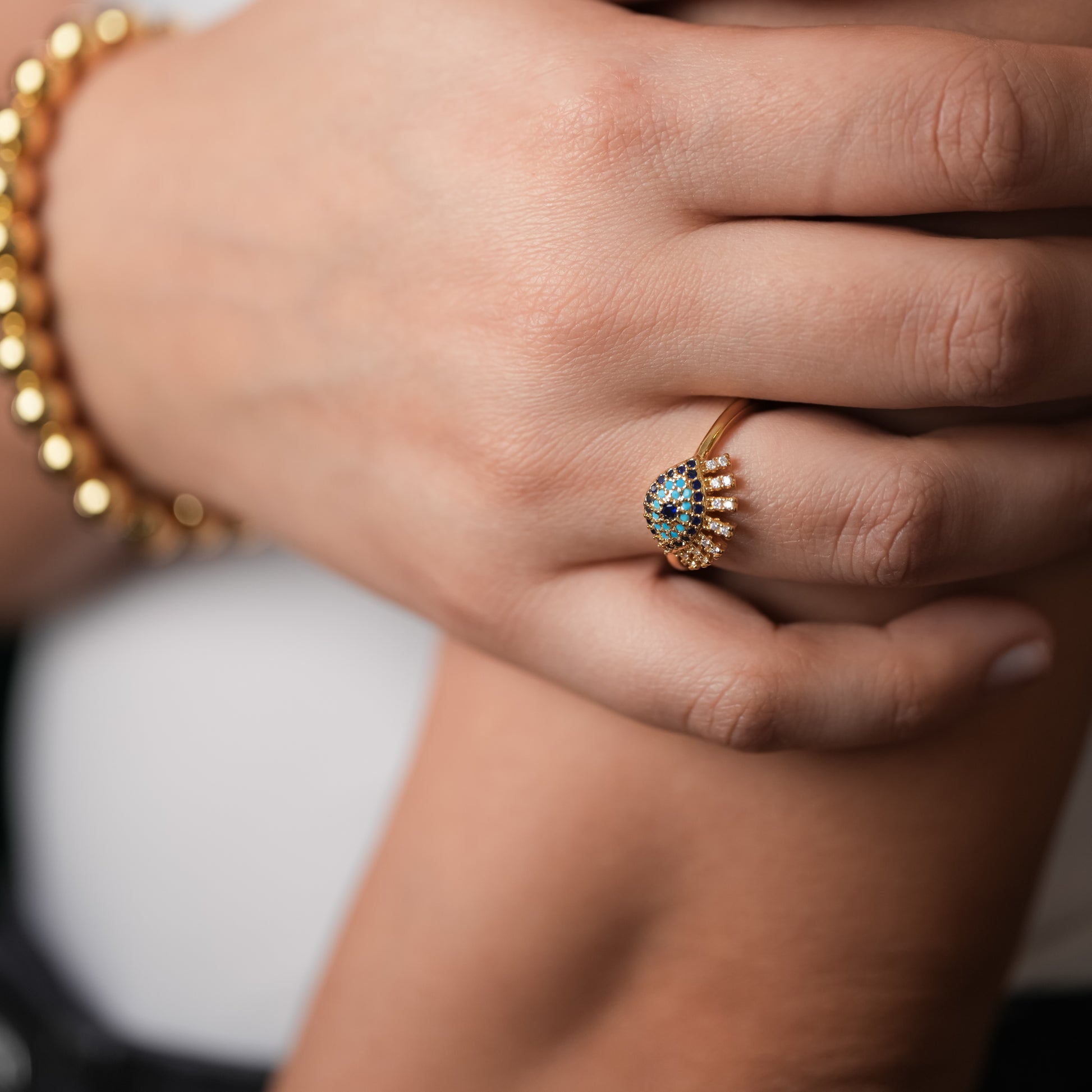 ROMALI 18K Gold-Plated Blue Evil Eye Ring – Adjustable Pavé Design - ROMALI