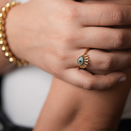 ROMALI 18K Gold-Plated Blue Evil Eye Ring – Adjustable Pavé Design - ROMALI