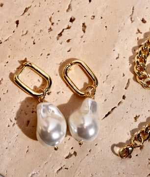 ROMALI 18k Gold-Plated Drop Shell Pearl Rectangle Hoop Dangle Earrings - ROMALI