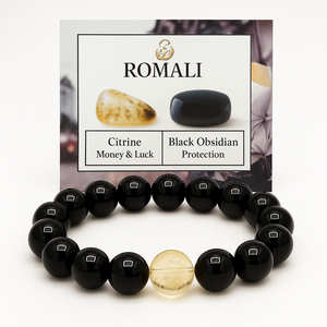 ROMALI Natural Black Obsidian & Citrine Beaded Bracelet – Money, Luck & Protection