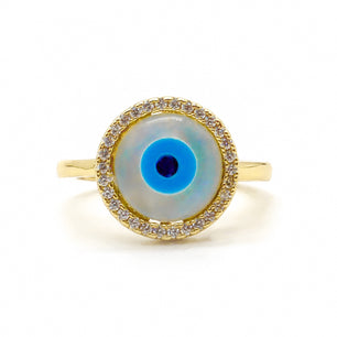 ROMALI 18K Gold-Plated Round Evil Eye Pavé Ring – Adjustable Protective Design