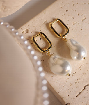 ROMALI 18k Gold-Plated Drop Shell Pearl Rectangle Hoop Dangle Earrings - ROMALI