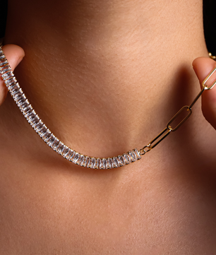 Gold-Plated Cubic Zirconia & Paperclip Chian Necklace - ROMALI