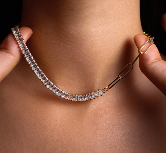 Gold-Plated Cubic Zirconia & Paperclip Chian Necklace - ROMALI