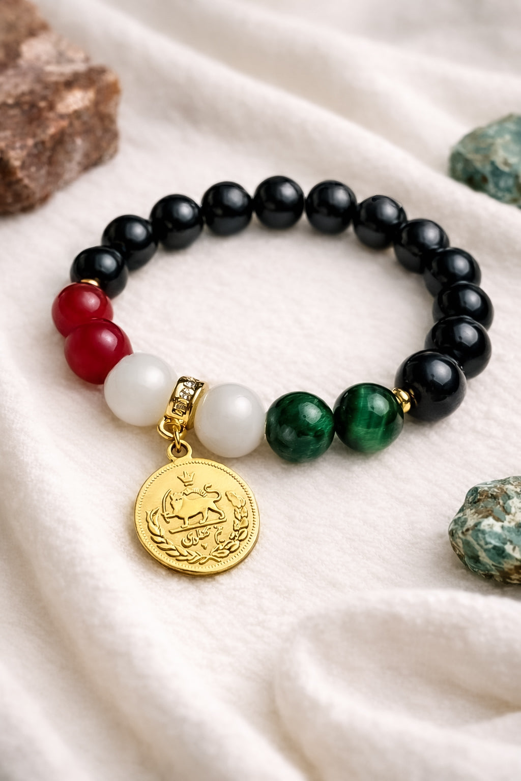 ROMALI Iran Beaded Bracelet | Green Tiger's Eye White Jade Cherry Jade | Unisex