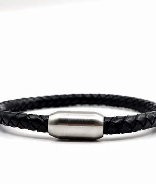 ROMALI Black Leather Matte Silver Magnetic Bracelet - ROMALI