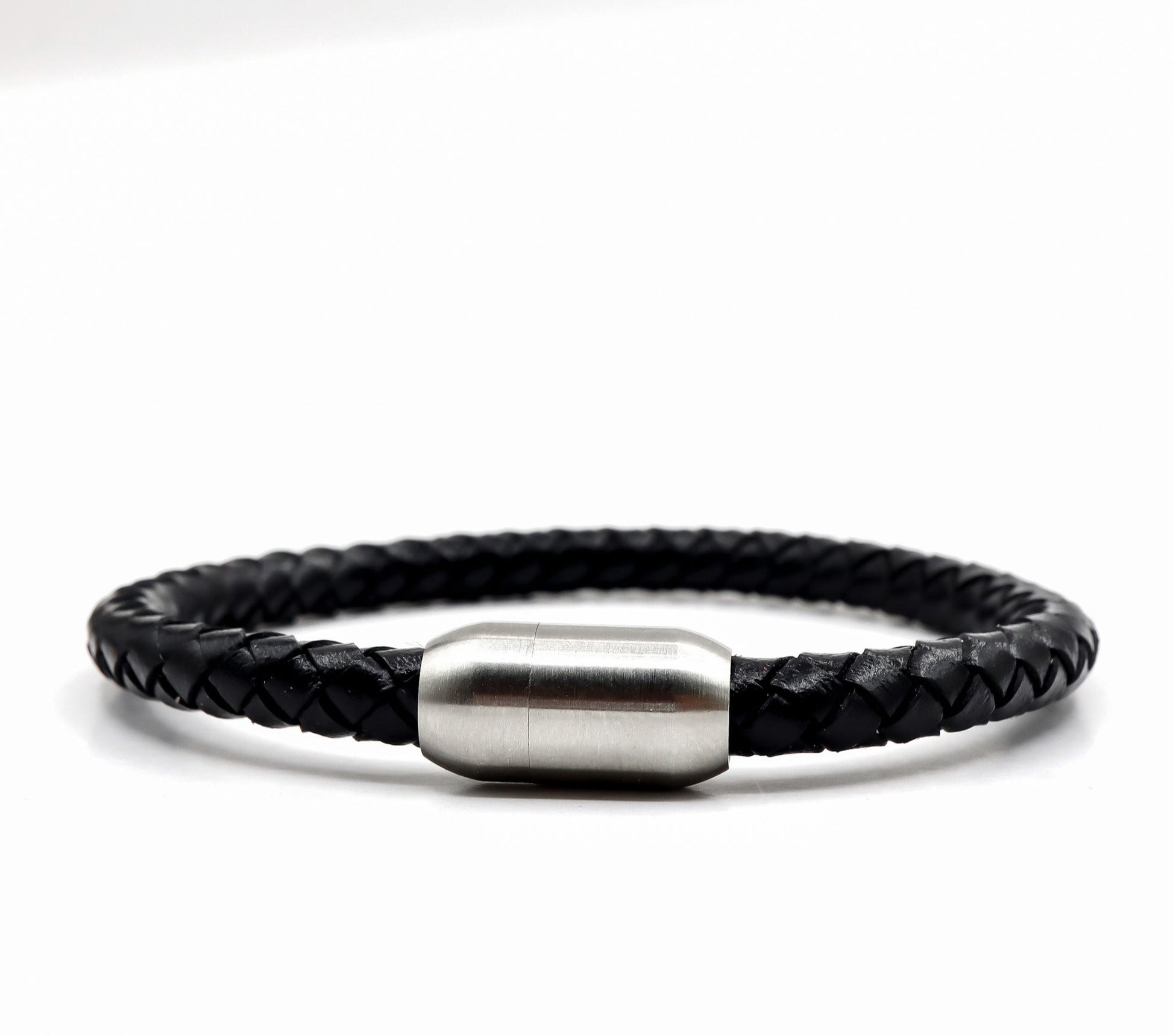 ROMALI Black Leather Matte Silver Magnetic Bracelet - ROMALI