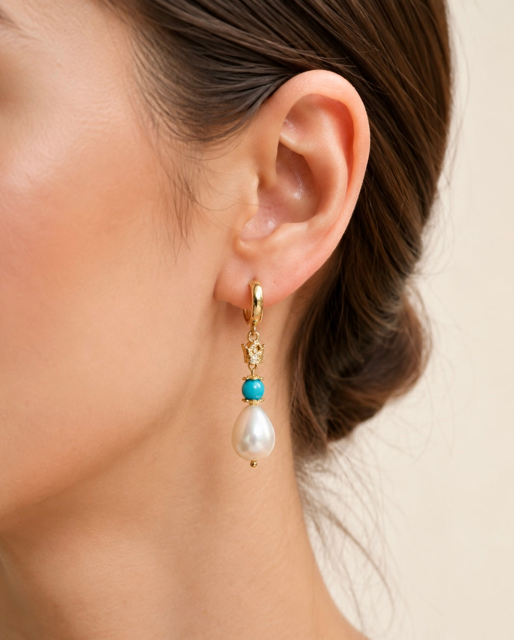 ROMALI IRAN Pahlavi Crown Turquoise Shell Pearl Drop Earrings