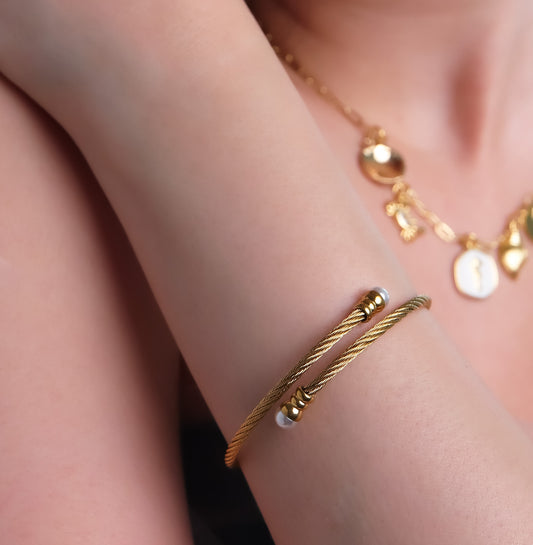 ROMALI Two-Tone 18K Gold-Plated Twisted Cable Bracelet with Pearl Accents - ROMALI