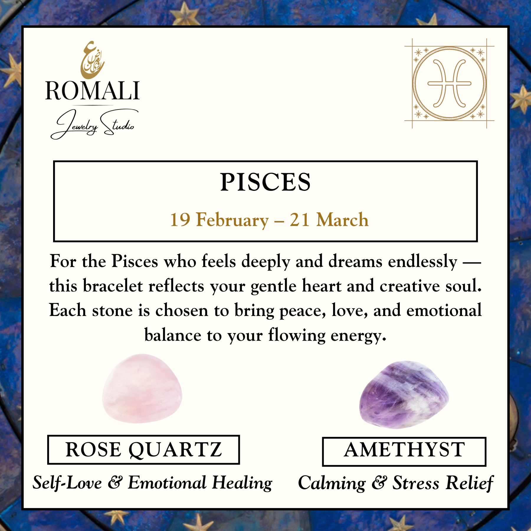 ROMALI Pisces Zodiac Beaded Bracelet - Amethyst & Rose Quartz February 19 – March 20