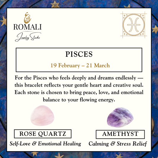 ROMALI Pisces Zodiac Beaded Bracelet - Amethyst & Rose Quartz February 19 – March 20