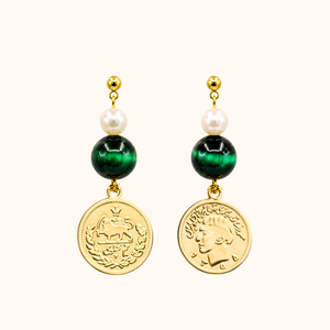 ROMALI 18K Gold-Plated Iranian Pahlavi Coin Drop Earrings – Green Tiger’s Eye & Shell Pearl