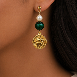 ROMALI 18K Gold-Plated Iranian Pahlavi Coin Drop Earrings – Green Tiger’s Eye & Shell Pearl