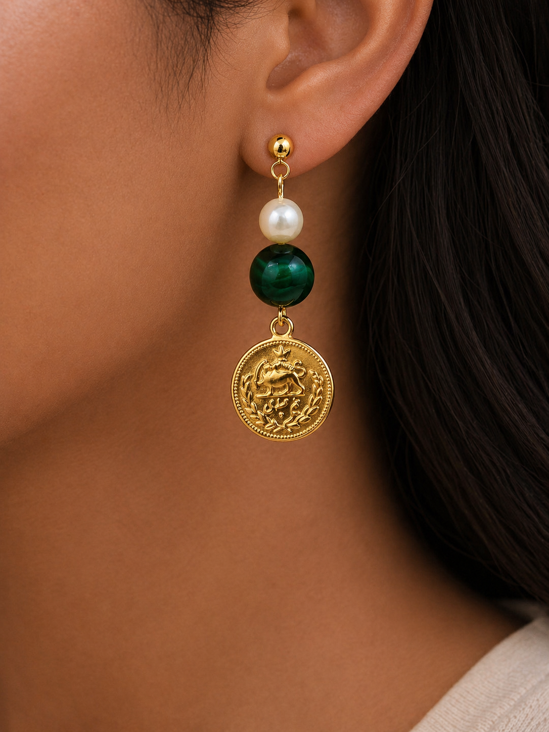 ROMALI 18K Gold-Plated Iranian Pahlavi Coin Drop Earrings – Green Tiger’s Eye & Shell Pearl