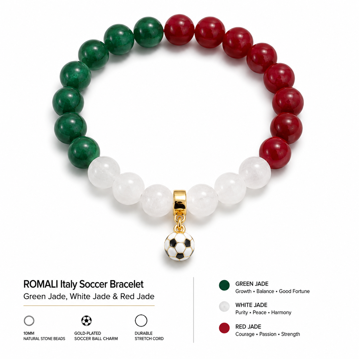 ROMALI Italy Soccer Beaded Bracelet | Green Jade, White Jade & Red Jade Unisex