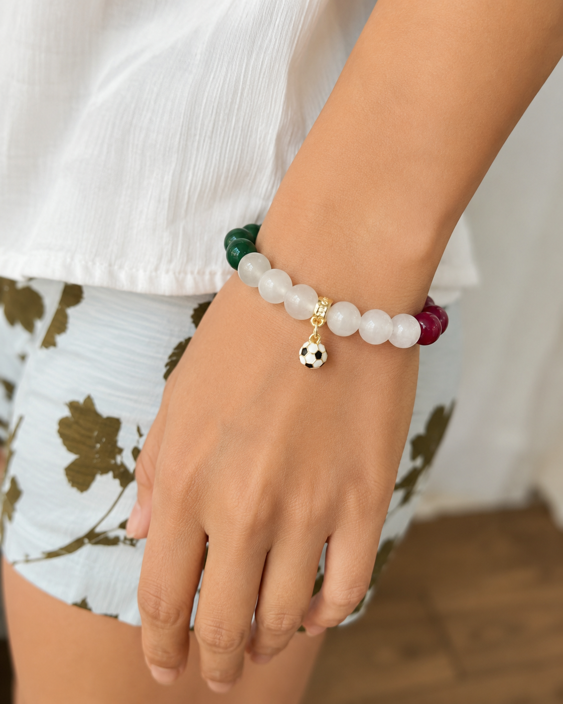 ROMALI Italy Soccer Beaded Bracelet | Green Jade, White Jade & Red Jade Unisex