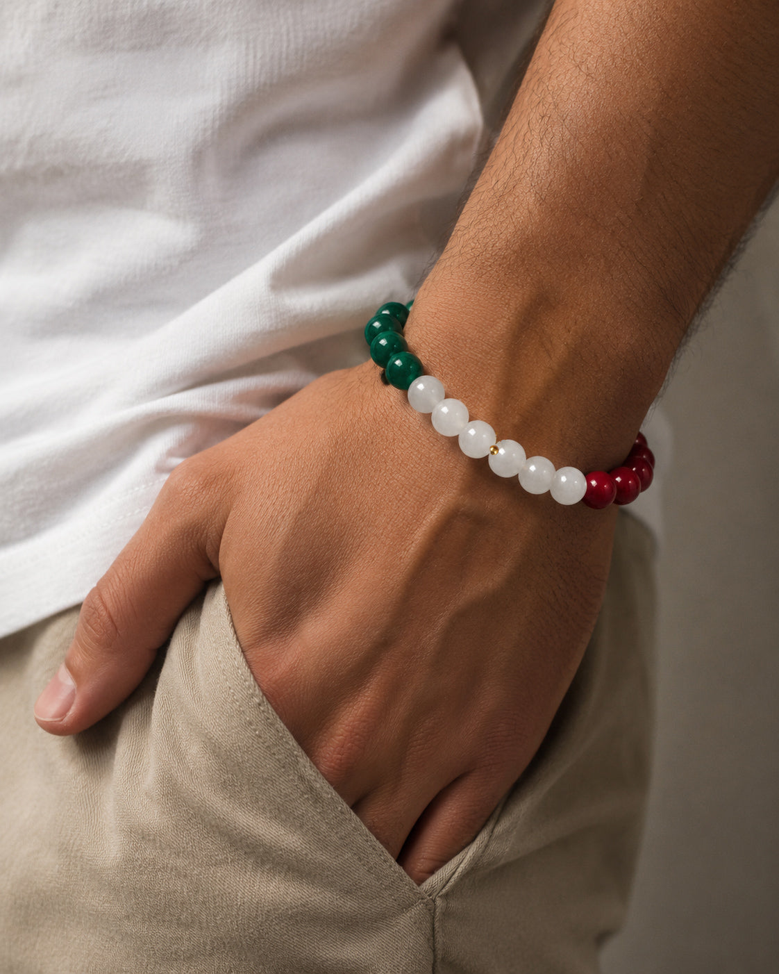 ROMALI Italy Soccer Beaded Bracelet | Green Jade, White Jade & Red Jade Unisex