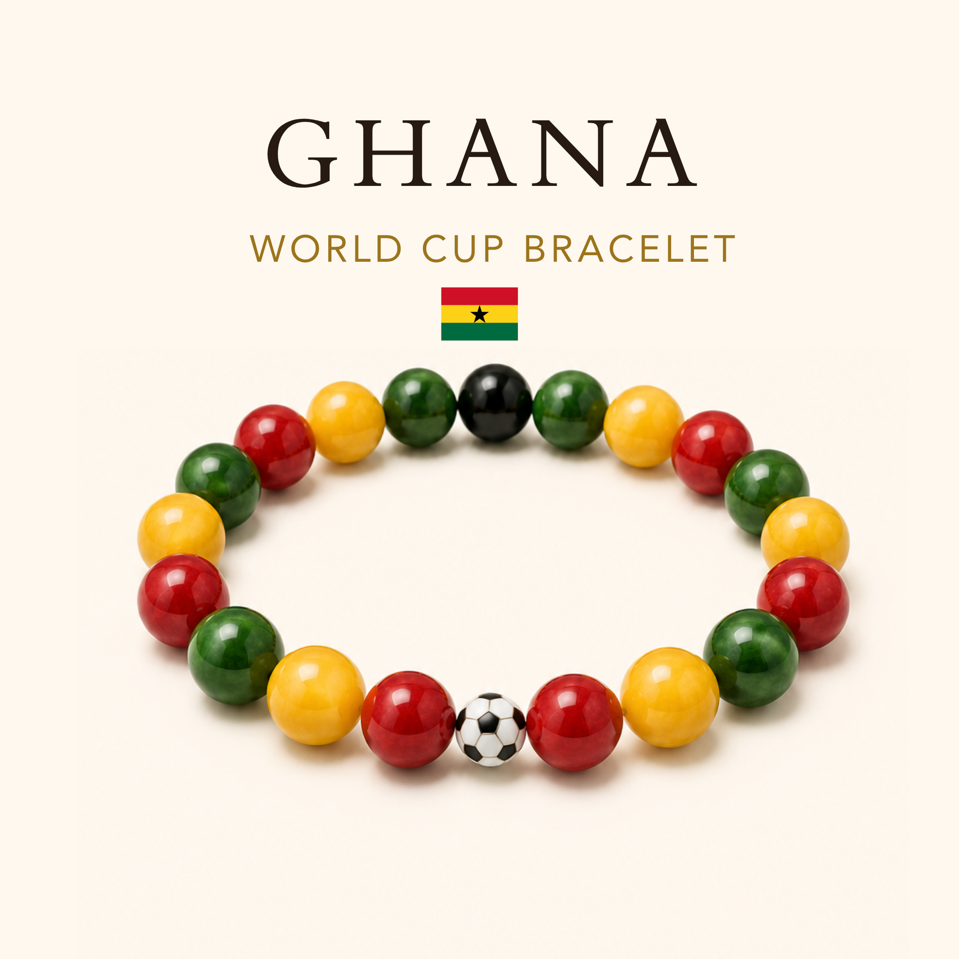 ROMALI Ghana World Cup Soccer Bracelet | Green Jade, Yellow Jade & Red Jasper | Unisex