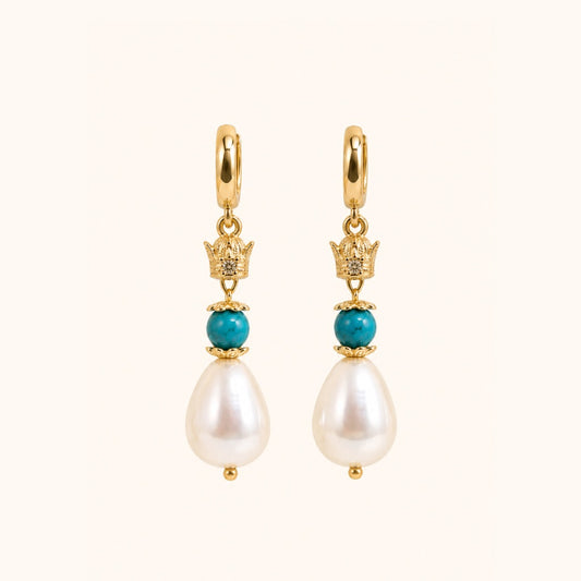ROMALI IRAN Pahlavi Crown Turquoise Shell Pearl Drop Earrings
