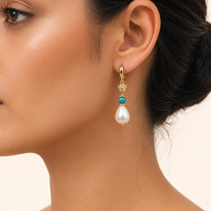 ROMALI IRAN Pahlavi Crown Turquoise Shell Pearl Drop Earrings