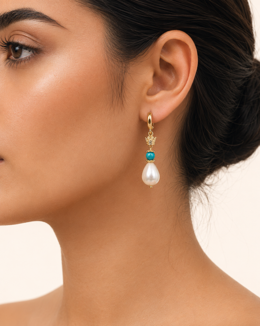 ROMALI IRAN Pahlavi Crown Turquoise Shell Pearl Drop Earrings