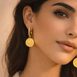 ROMALI Lion & Sun Iranian Coin Hoop Dangle Earrings | 18K Gold-Plated
