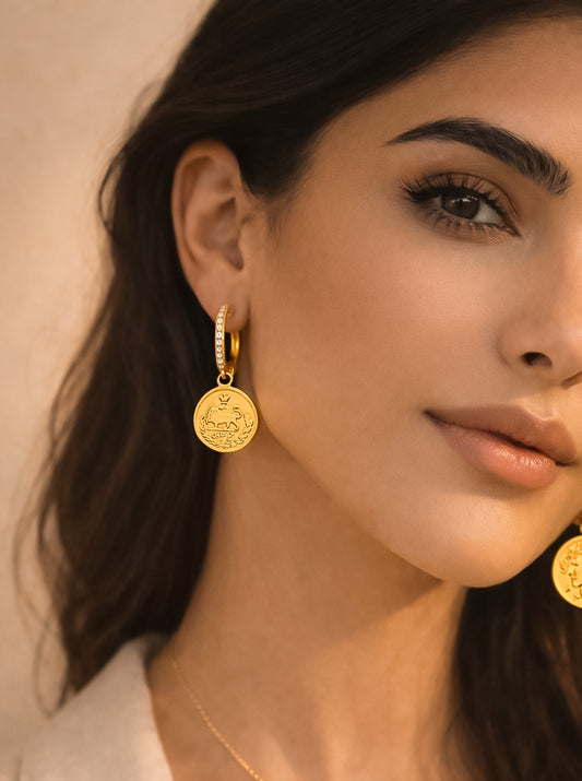 ROMALI Lion & Sun Iranian Coin Hoop Dangle Earrings | 18K Gold-Plated