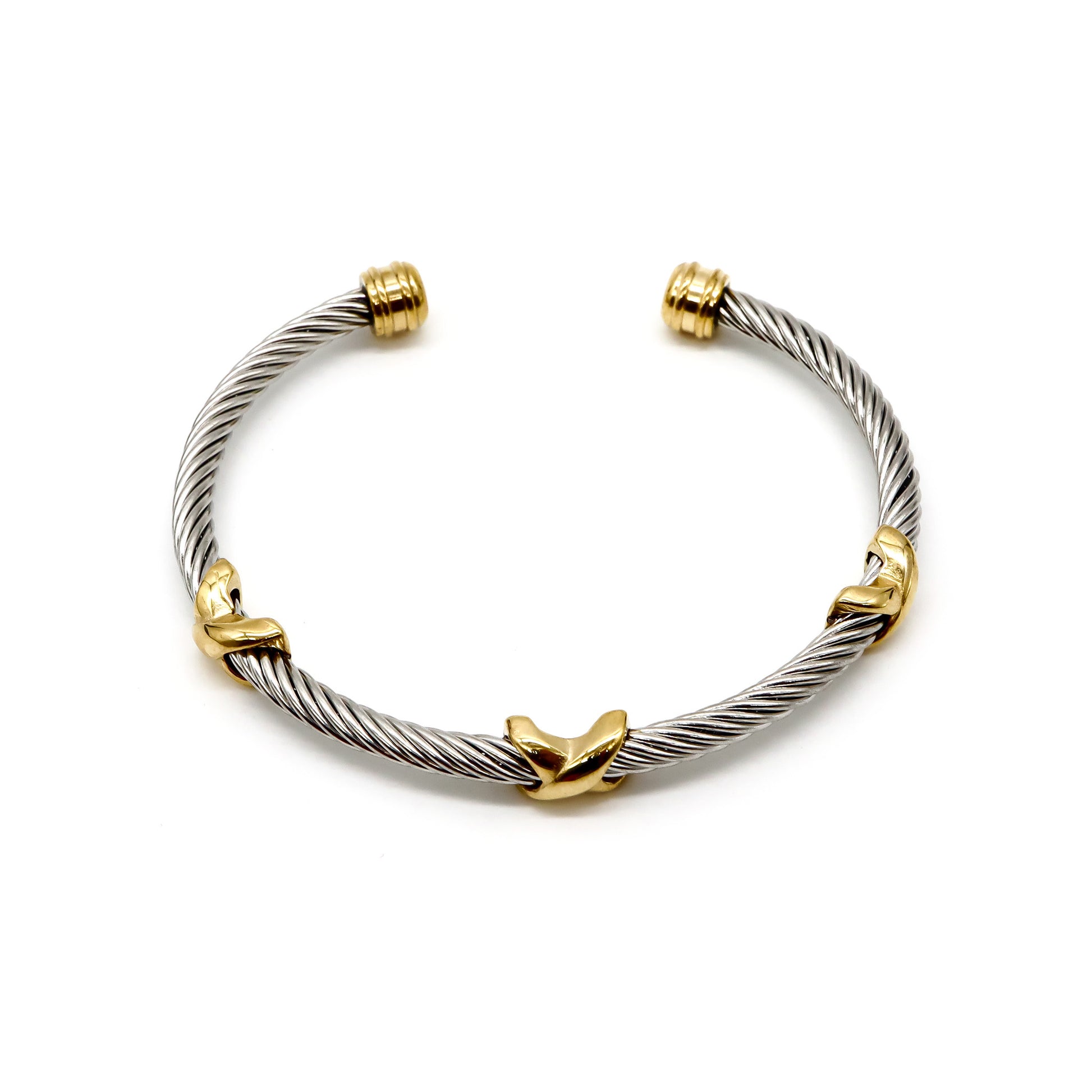 ROMALI Stainless Steel Twisted Cable Cuff Bracelets with Knot Accents - Available in Silver and Two-Tone Gold