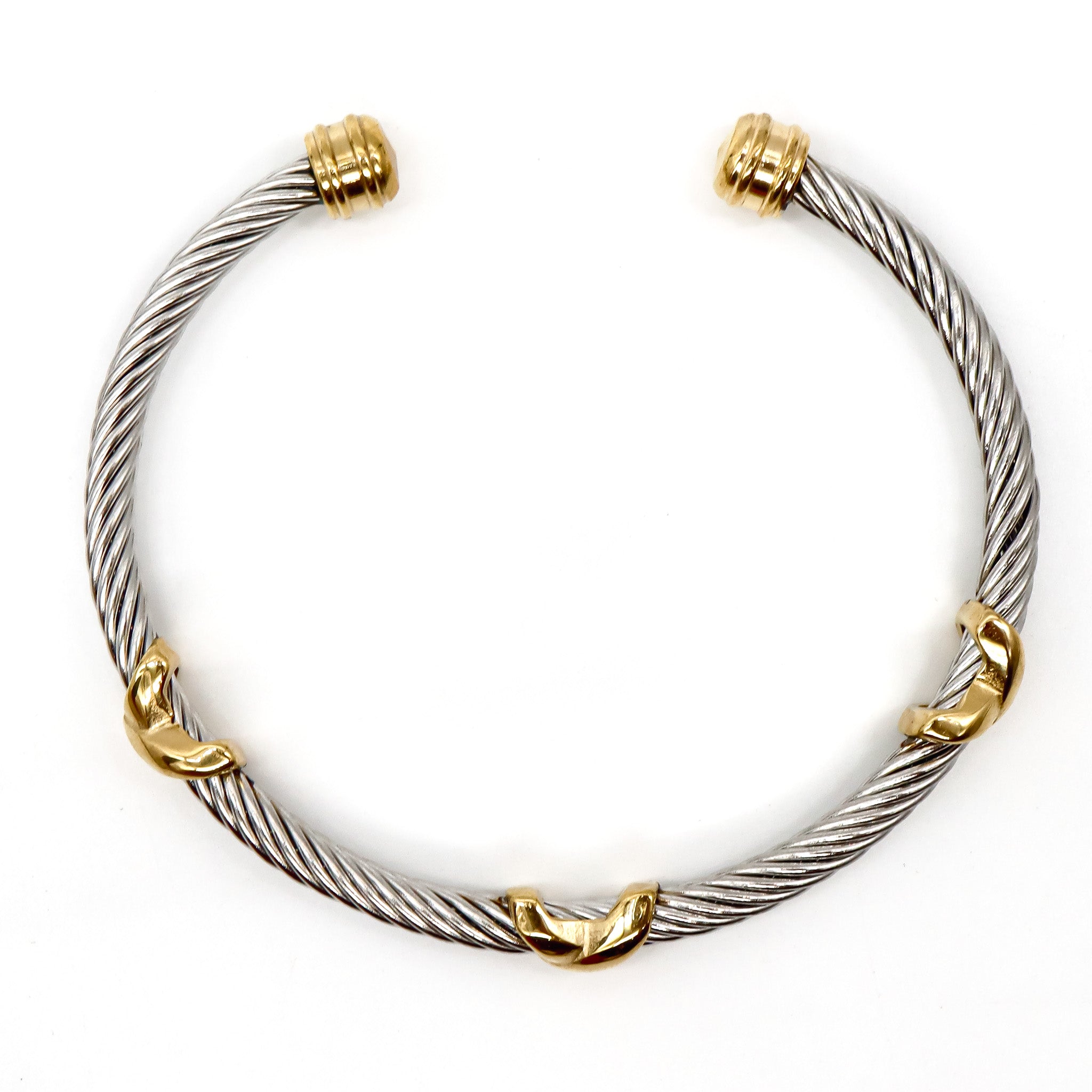 ROMALI Stainless Steel Twisted Cable Cuff Bracelets with Knot Accents - Available in Silver and Two-Tone Gold