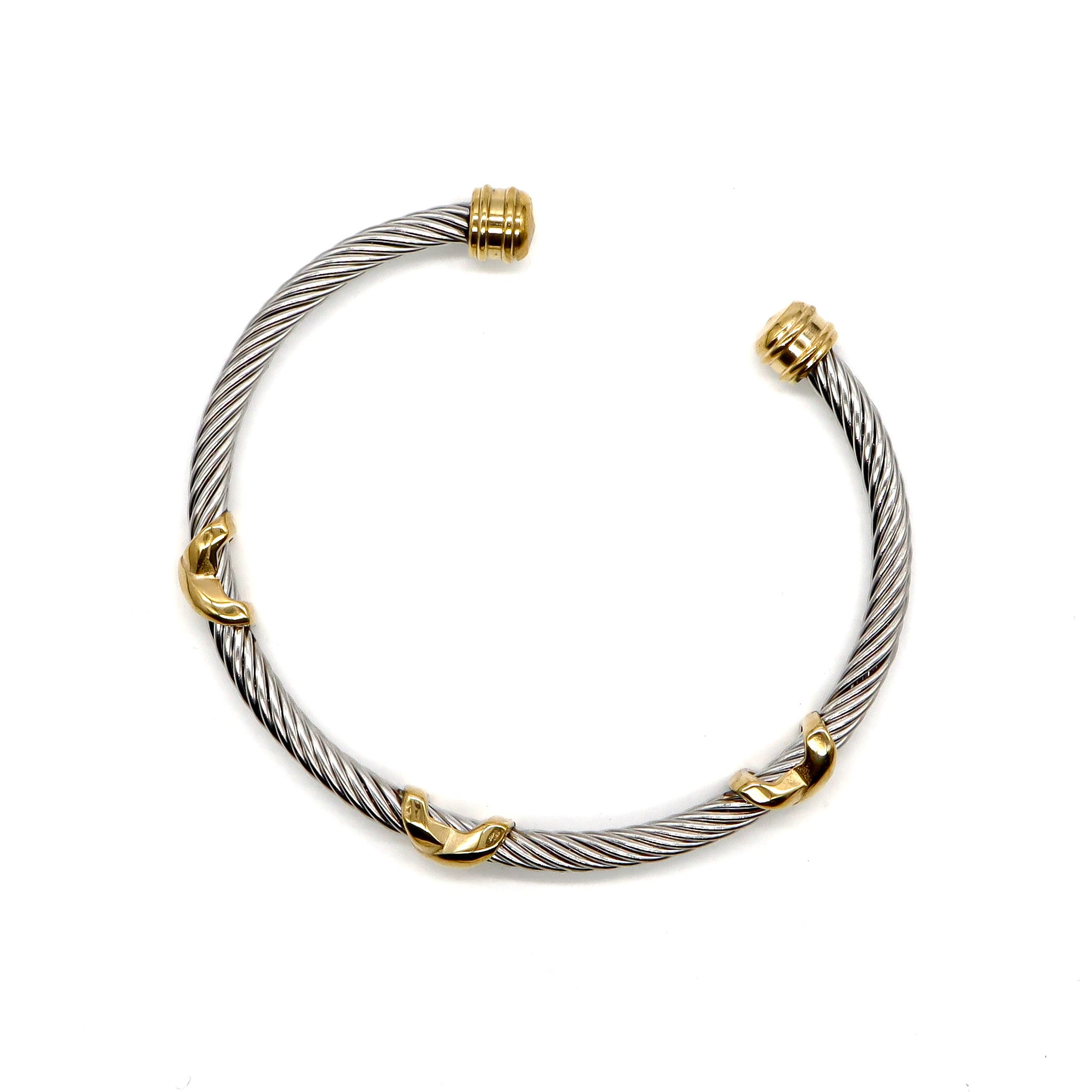 ROMALI Stainless Steel Twisted Cable Cuff Bracelets with Knot Accents - Available in Silver and Two-Tone Gold