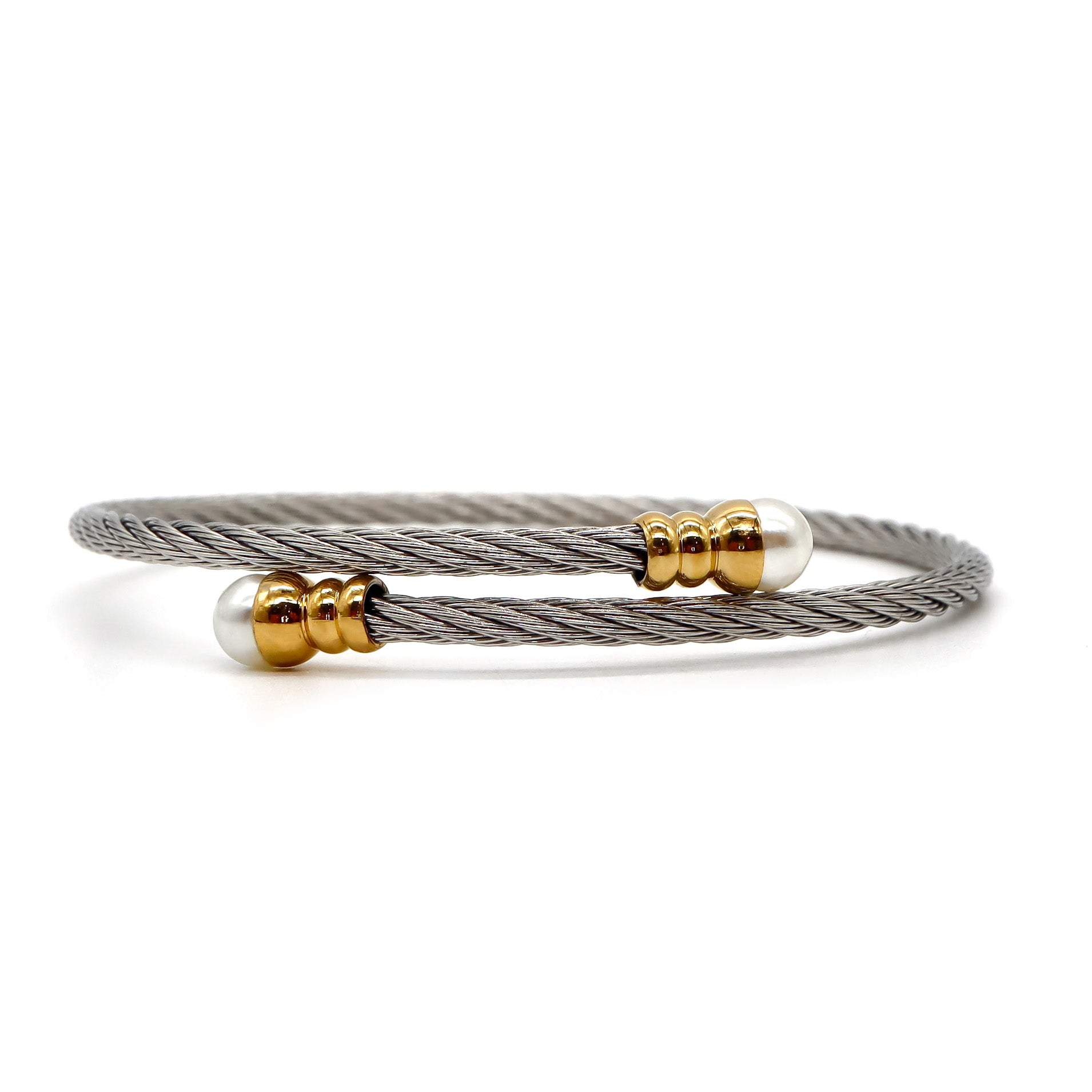 ROMALI Stainless Steel Twisted Cable Bracelet with 18K Gold-Plated Pearl Accents