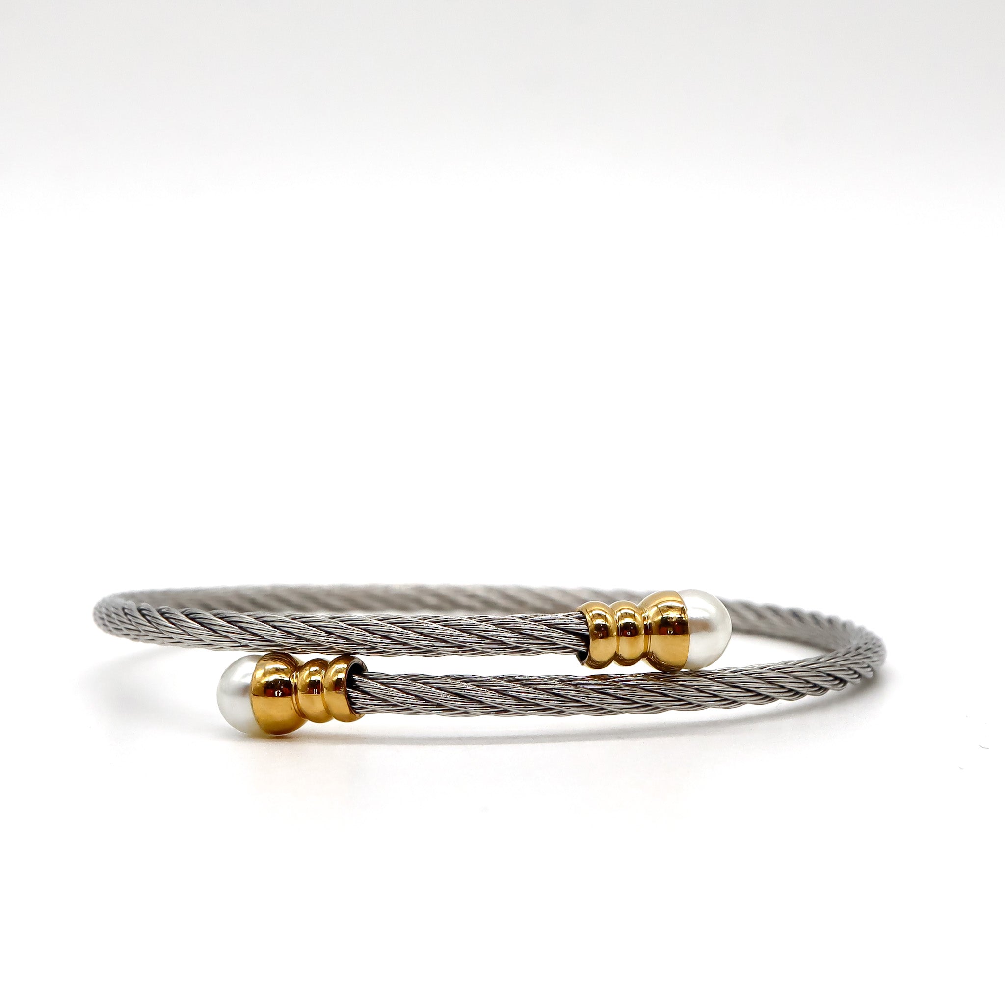 ROMALI Stainless Steel Twisted Cable Bracelet with 18K Gold-Plated Pearl Accents