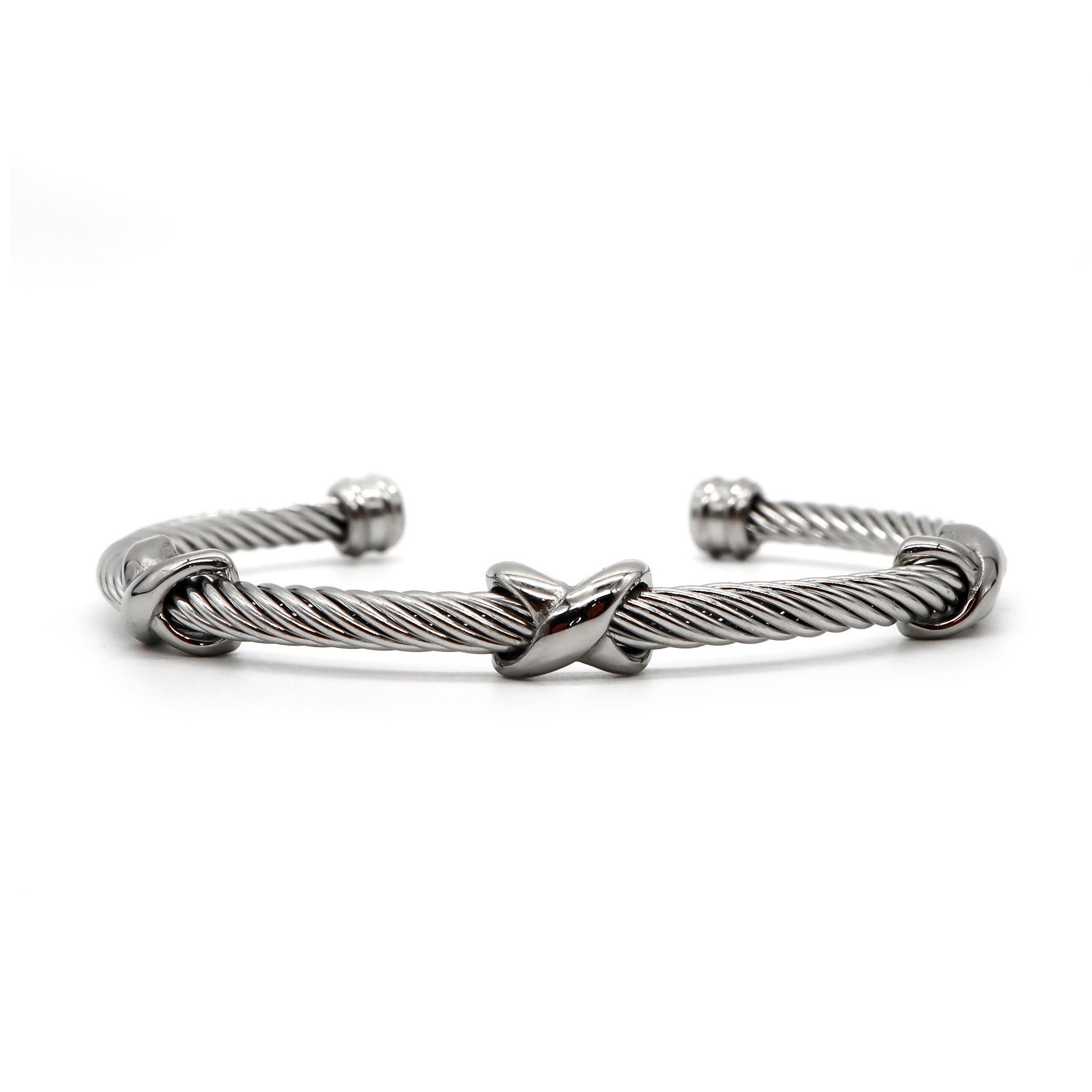 ROMALI Stainless Steel Twisted Cable Cuff Bracelets with Knot Accents - Available in Silver and Two-Tone Gold