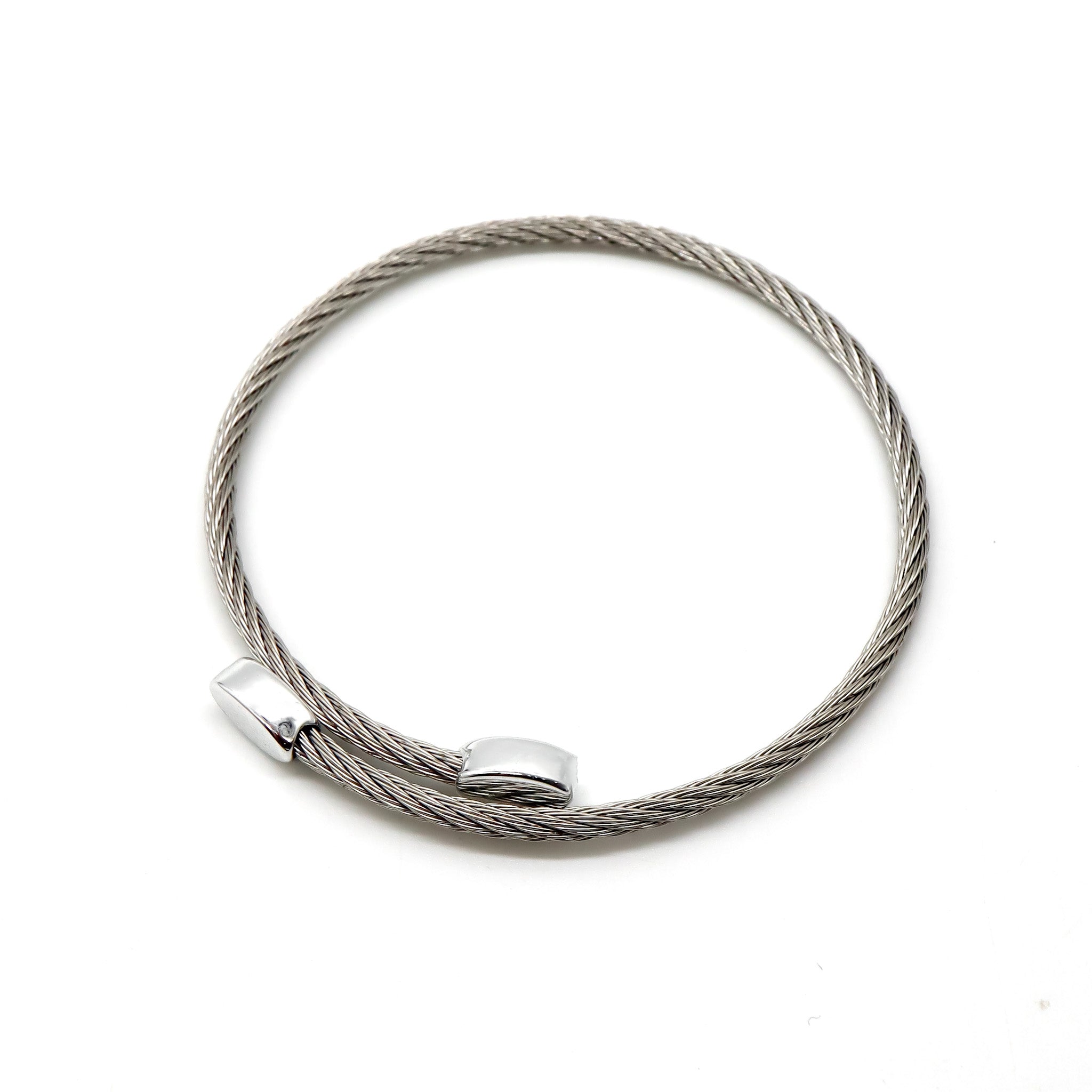 ROMALI Stainless Steel Twisted Cable Bracelet with Polished Oval End Caps