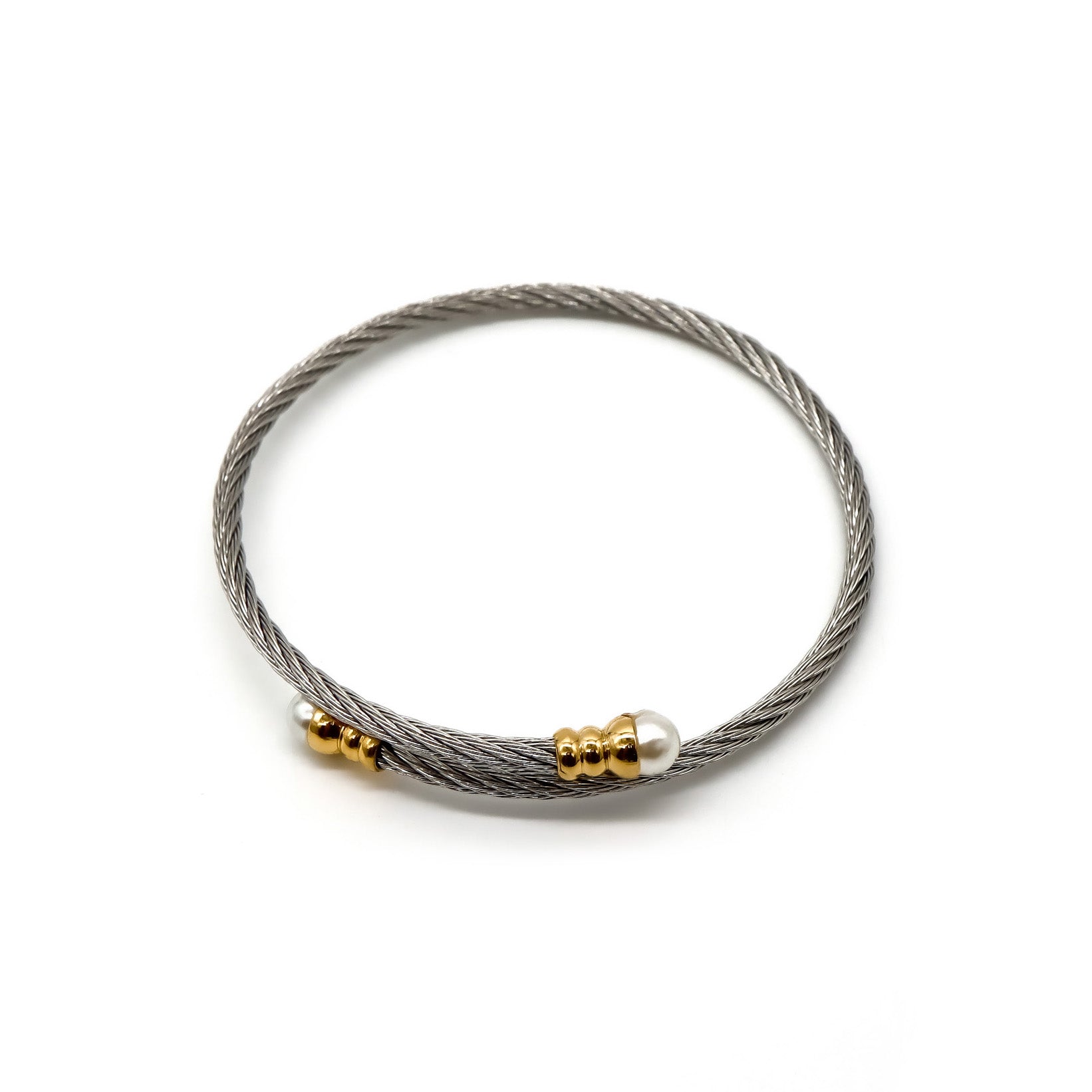 ROMALI Stainless Steel Twisted Cable Bracelet with 18K Gold-Plated Pearl Accents